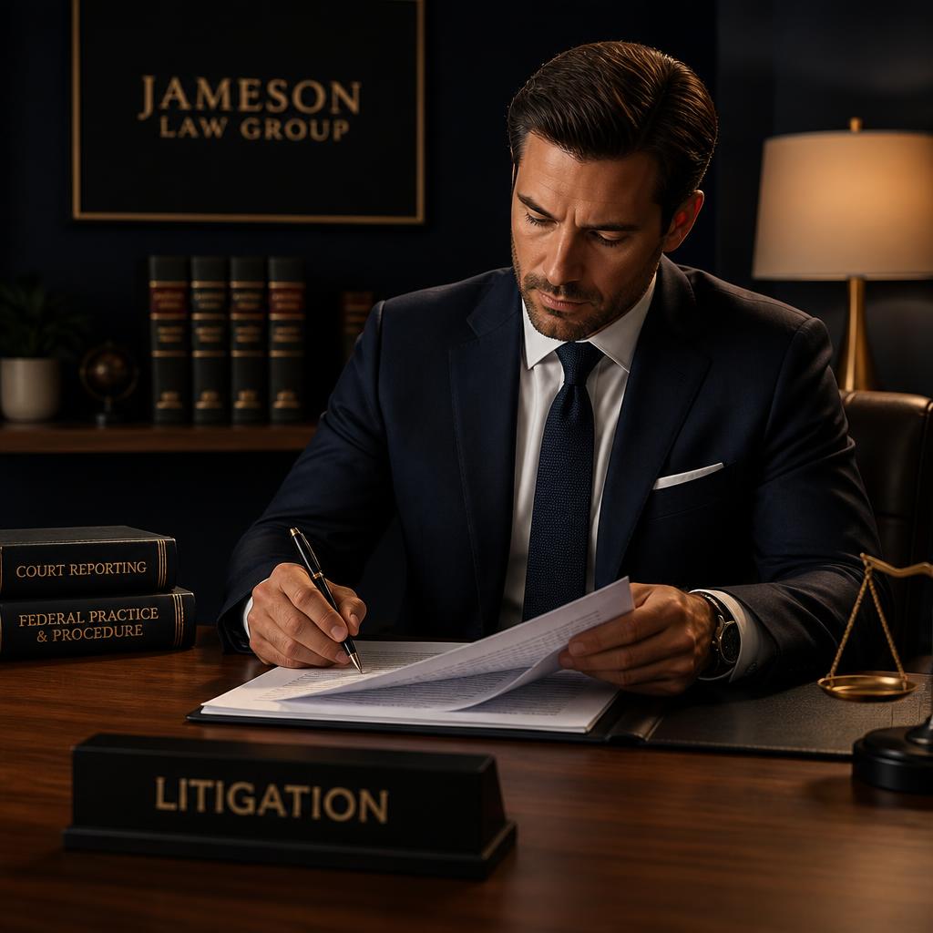 Attorney reviewing litigation documents